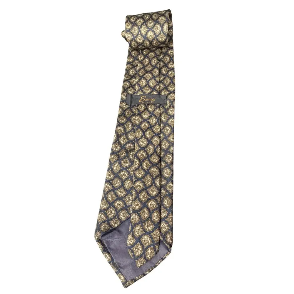 Envoy 100% Pure Silk Tie Navy Gold Crest Foulard Men Vintage
